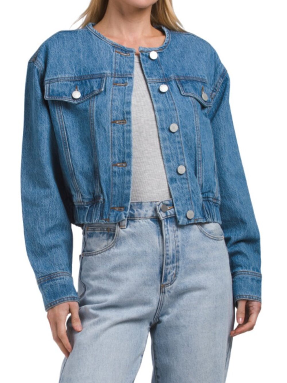 BLANK NYC Denim Collarless Bomber Jacket